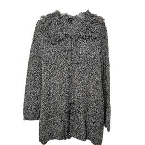 Rafaella Sweater Women's Large Black White Full Zip Fringe Collar Long Sleeve